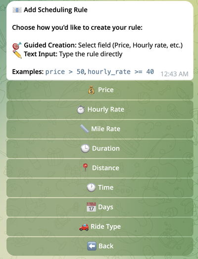 Add Scheduling Rule initial screen with field selection options
