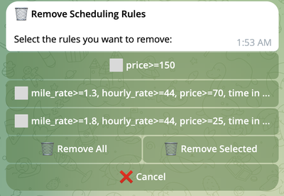 Remove rules selection Remove Rules screen with selection checkboxes