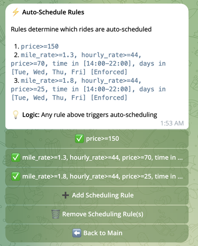 Rules list Auto-Schedule Rules main menu showing list of rules