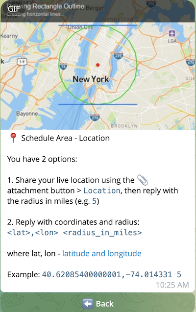 Location + Miles screen with animated GIF showing how to share location and enter radius