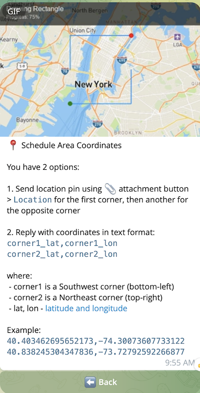 Set Coordinates screen with animated GIF showing how to select corners