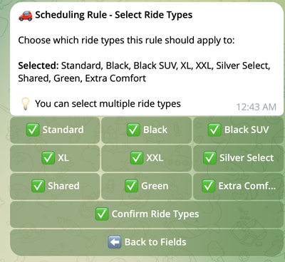 Ride selection dialog with Ride categories checkboxes